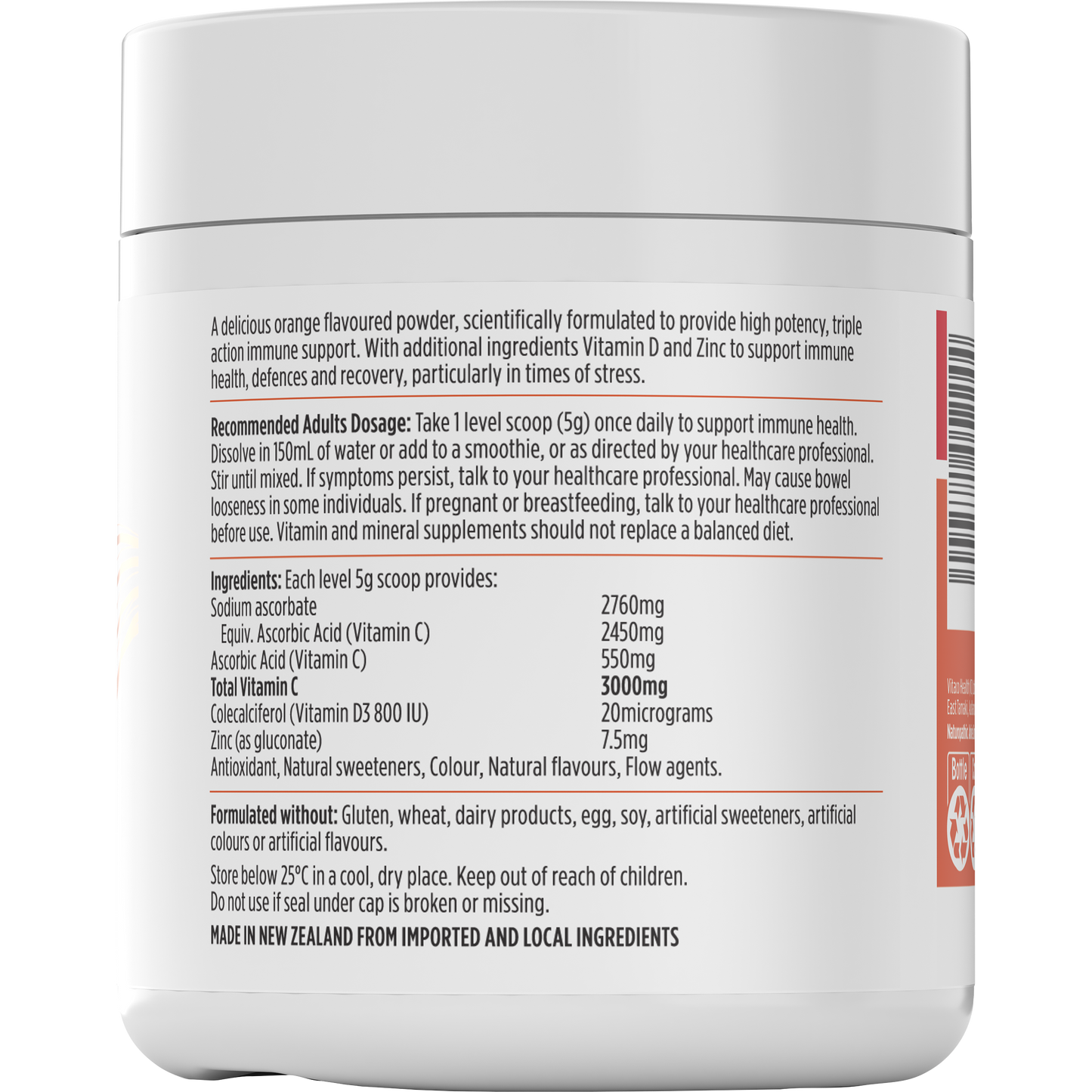 Nutra-Life Ultra Strength Vit C 3000mg + Vit D + Zinc Powder 250g