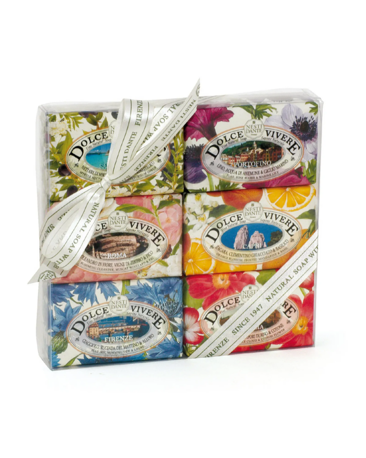 Nesti Dante, Soap Gift Set, Blue Alzalea, Starfruit, Ambrosia Nectar,Rosewood, Birch Milk, Iris, Plum, Persimmon, Amber, Daphne, White Lotus, Echinacea, Cherry Blossom, Geranium, Citrus, Basil, Lime, Gardenia, White Clay, Oat Milk, Prebiotics, Gift