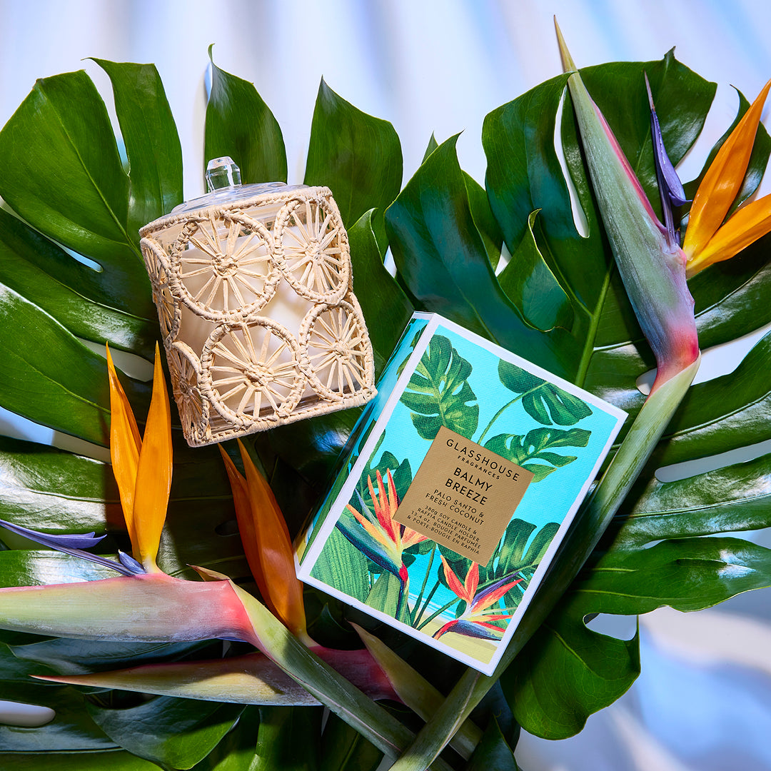 Glasshouse Balmy Breeze 380g Triple Scented Soy Candle & Raffia Candle Holder