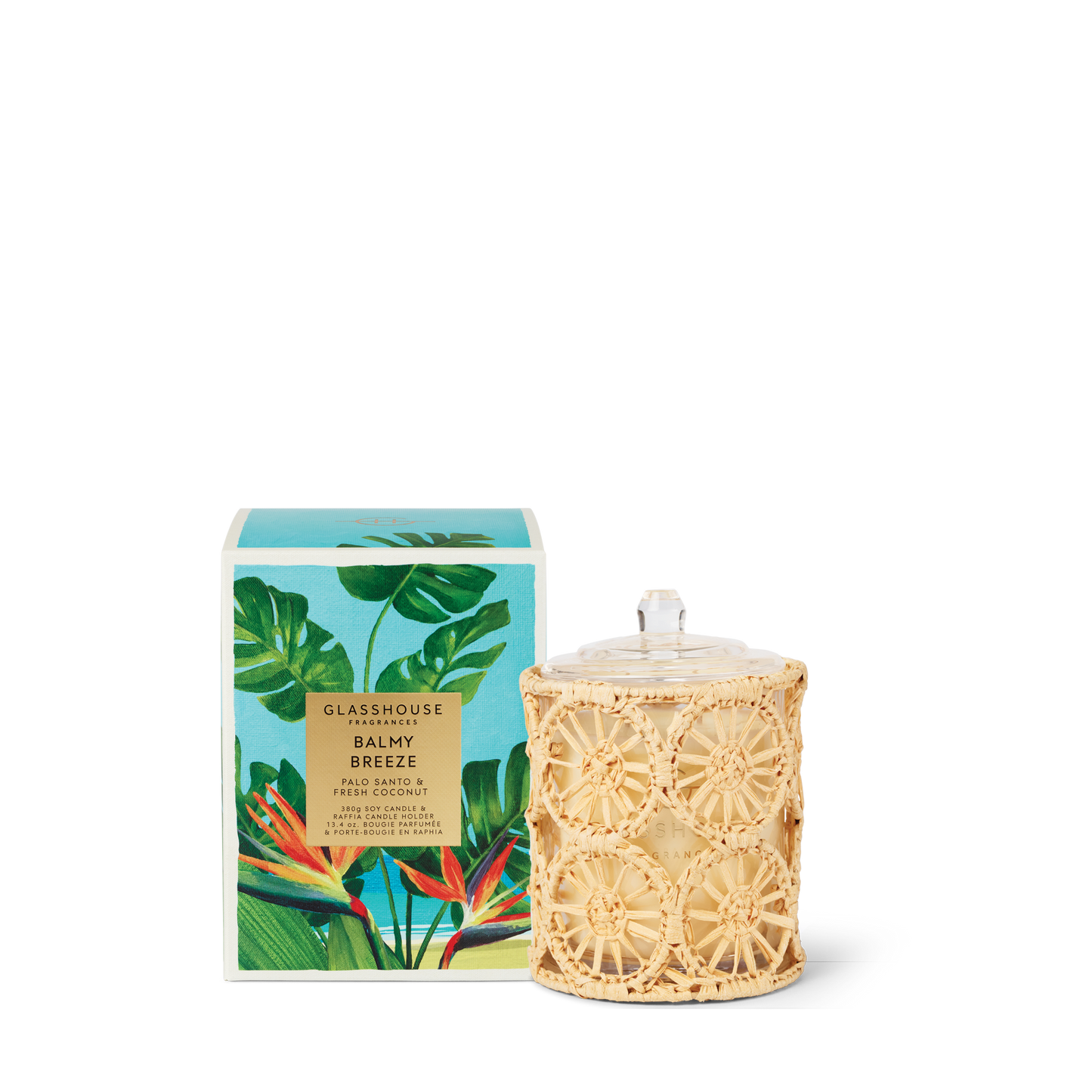 Glasshouse Balmy Breeze 380g Triple Scented Soy Candle & Raffia Candle Holder