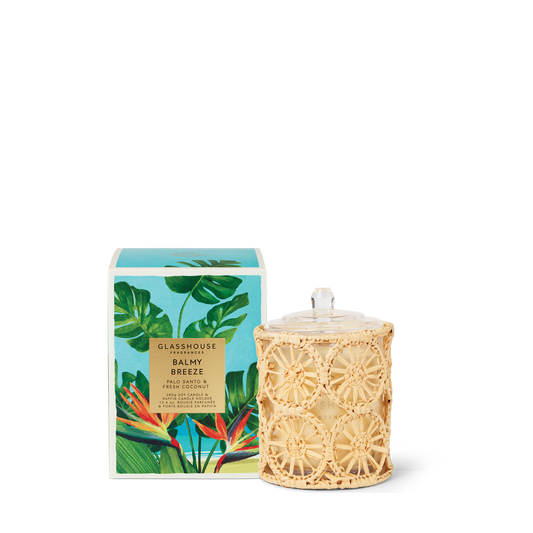 Glasshouse Balmy Breeze 380g Triple Scented Soy Candle & Raffia Candle Holder