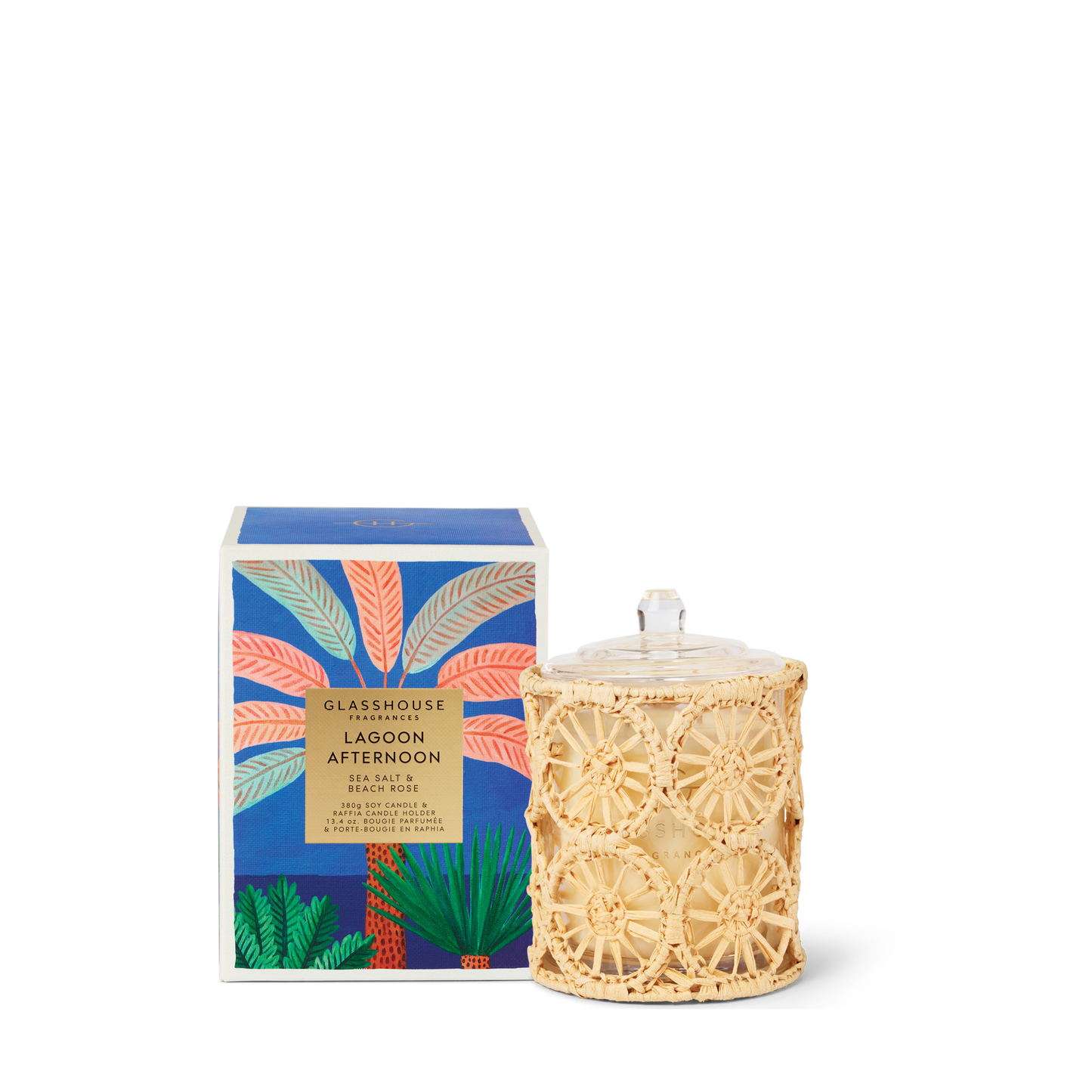 Glasshouse Lagoon Afternoon 380g Triple Scented Soy Candle & Raffia Candle Holder