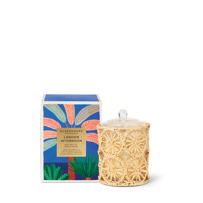 Glasshouse Lagoon Afternoon 380g Triple Scented Soy Candle & Raffia Candle Holder