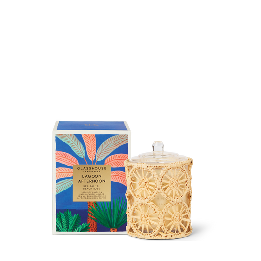 Glasshouse Lagoon Afternoon 380g Triple Scented Soy Candle & Raffia Candle Holder