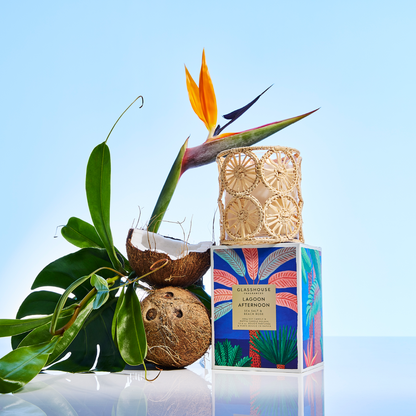 Glasshouse Lagoon Afternoon 380g Triple Scented Soy Candle & Raffia Candle Holder
