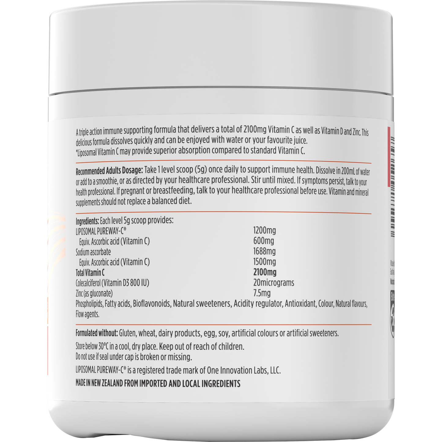 Nutra-Life Liposomal-C 1200mg + Vit C + Vit D + Zinc Powder 180g