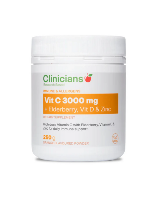 Clinicians Vit C 3000mg + Elderberry, Vit D & Zinc Powder 250g